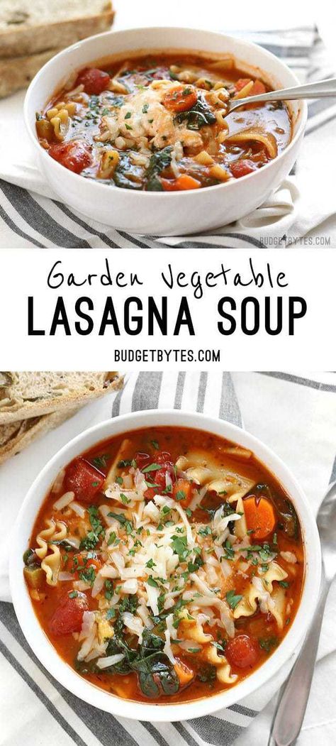 Vegetable Soup Vegan, Garden Vegetable Soup, Baked Lasagna, Lasagna Soup Recipe, Budget Bytes, Vegetable Lasagna, Paleo Crockpot, Vegetable Medley, Soup Vegan