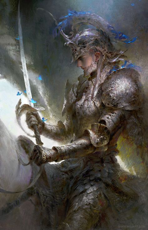 Woman Knight Art, Knight Painting, Warrior Painting, Knight Photo, Fighter Character, Silver Knight, Painting School, Concept Art World, Fantasy Male