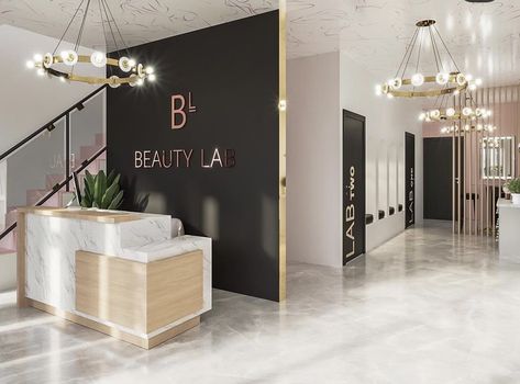 Beauty Salon Front Desk, Black And Gold Spa Decor, Black And Gold Esthetician Room, Studio Waiting Area, Salon Waiting Area Ideas, Black And Gold Salon, Salon Decorating Ideas, Salon Equipment Furniture, Home Beauty Salon