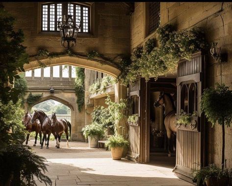 Castle Horse Stables, Old Money Stables, English Horse Stables, Aesthetic Stables, Victorian Horse Stables, Victorian Stables, Stables Aesthetic, Horse Stable Aesthetic, Horse Barn Exterior