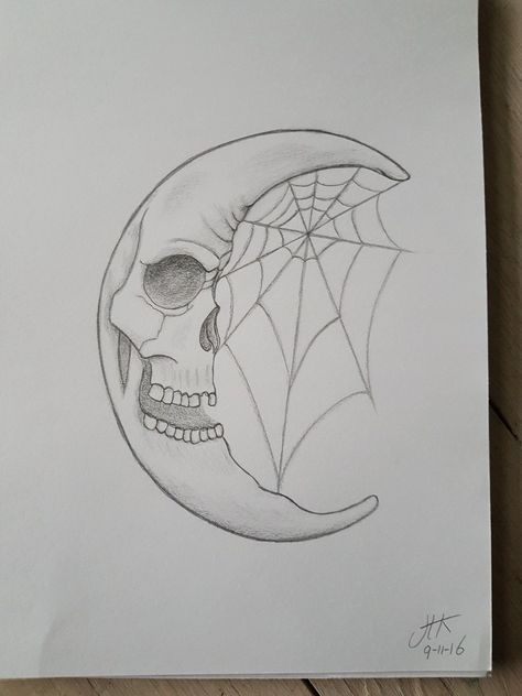 Pencil drawing moon skull by José Koster Drawing Ideas Skull Sketch, 2 Drawings In 1, Gothic Art Drawing Easy, Halloween Sketches Pencil Easy, Moon Skull Drawing, Skull Sketches Easy, Moon And Stars Drawing Pencil, Scary Moon Drawing, Creative Skull Drawing