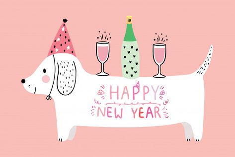 Happy New Year Dog, Wine Illustration, Champagne Celebration, New Year Cartoon, Premium Vector Cartoon, New Year Illustration, Happy New Year Cards, New Year Designs, New Year Card