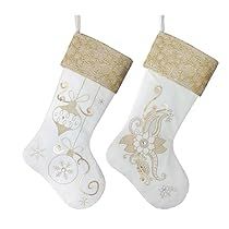 White Gold Flowers, Gold Christmas Stockings, Fireplace Hanging, Christmas Stocking Decorations, White Christmas Stockings, Holiday Christmas Party, Classy Christmas, Embroidery Christmas, Hanging Stockings