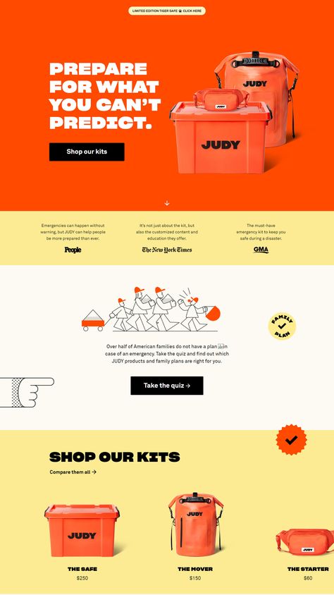 Judy is a collection of ready-kits with everything needed to prepare for natural disasters and home emergencies. Using the bright orange color not just give a strong impression to the users about their brand, but also match the nature of their products for emergency use. Bright Color Website Design, Orange Web Design, Creative Email Design, Ember Candles, Orange Website Design, Product Banner Design, Orange Website, Orange Branding, Orange Web