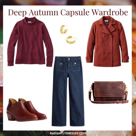 DEEP AUTUMN CAPSULE WARDROBE 7 tops in warm, deep colors 4 bottoms + 2 dresses perfect for Deep Autumn 5 completer pieces to style 4 pair of varied neutral shoes 8 deep and warm accessories Want to learn more about Deep Autumn (or any season)? Comment “EXPLORE” to get the link. #deepautumn #deepautumncolors #deepautumnpalette #deepautumnstyle #darkautumn #darkautumncolors #darkautumncolorpalette #coloranalysis #seasonalcoloranalysis #capsulewardrobe #capsulewardrobechallenge #capsulewardro... Deep Autumn Capsule Wardrobe, Completer Pieces, Deep Autumn Palette, Radiant Woman, Autumn Capsule Wardrobe, Deep Autumn Color Palette, Autumn Palette, Neutral Shoes, Deep Autumn