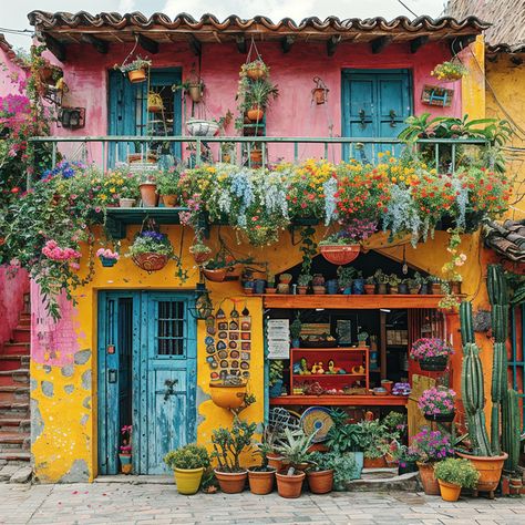 Nestled in the heart of the tropics, a vibrant South American home bursts into life with its colorful walls and balconies adorned with lush flowers. A celebration of color and nature. #TropicalCharm #ColorfulLiving #FloralParadise #VibrantHomes #BalconyGardens #GenerativeArt #DigitalArtists #AIArtwork #AI #AIhyperrealistic Bright Houses Exterior, Colombian Houses Architecture, Latin American House Exterior, South American Interior, Colorful Homes Exterior, Colorful Spanish House, Mexican Colorful Houses, Mexican Buildings Architecture, Tropical Home Aesthetic