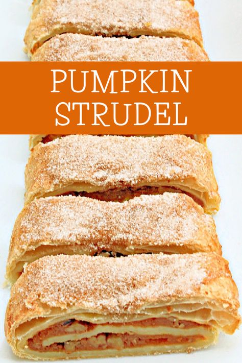 Pumpkin Strudel ~ Puff pastry dough is layered with pumpkin, walnuts, and savory spices of the season then baked until golden! via @thiswifecooks Cozy Desserts, Pumpkin Strudel, Brunch Pastries, Phyllo Dough Recipes, Strudel Recipes, Vegan Pumpkin Recipes, Puff Pastry Desserts, Friendsgiving Party, Puff Pastry Dough