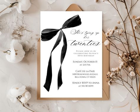 Hi! We are so glad that you found our shop's "She's Tying Up Her 20s" 30th Birthday Party Brunch Invitation! The design style is a chic, classic, and elegant look perfect for any season. It fits well as a brunch invitation, but could work for really any kind of celebration. We are certain you and your guests will love this chic + on trend invite! ^ ^ ^ ^ ^ ^ ^ ^ ^ ^ ^ ^ ^ ^ ^ ^ ^ ^ ^ ^ ^ ^ ^ ^ ^ ^ ^ ^  You can edit this invitation in Canva immediately after purchasing so that you can jump right 30th Birthday Party Invitations, 30th Birthday Party, Bday Party Theme, 30th Bday, 29th Birthday, Birthday Brunch, Brunch Invitations, Elegant Birthday, Happy Party