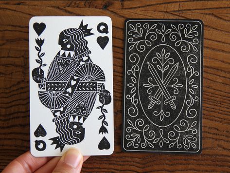 Queen Of Hearts by Jessica Benhar Illustrated Playing Cards, Playing Card Back Design, Queen Of Hearts Card, Playing Card Design, Playing Cards Art, Lino Art, Playing Cards Design, Linocut Art, 카드 디자인