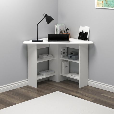 Ebern Designs Fade Corner Computer Desk | Wayfair.co.uk Writing Desk Design, House Lounge, Computer Desk Design, Mdf Furniture, Desk With Shelves, Open Storage Shelves, Computer Desk With Shelves, Modern Computer Desk, Corner Computer Desk