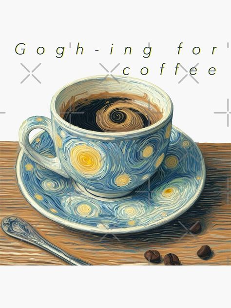 "Gogh-ing for Coffee with Writing - Coffee Cup Painted in Vincent Van Gogh Style " Sticker for Sale by Star-Fragment Cup Painting Ideas Aesthetic, Clay Cup Painting Ideas, Drawing On Cups Ideas, Clay Cafe Painting Ideas, Drawing On Pottery, Vincent Van Gogh Aesthetic, Ceramic Cup Painting Ideas, Keramik Painting, Star Fragment