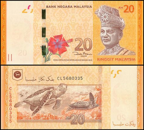 Malaysia 20 Ringgit Banknote, 2012. Colored in orange, with hints of red and green. The front features an image of former first head of state, Abdul Rahman. He was elected the first leader of Malaysia after independence from Britain in 1957. There is also a smaller image of a hibiscus flower which is the national flower of Malaysia and also traditional Malaysian art patterns in the background. The reverse depicts a Malaysian marine life theme which features 2 sea turtles in the back. Ringgit Malaysia Money Printable, Malaysia Money, Malaysian Ringgit, Ringgit Malaysia, Malaysian Art, Banknotes Design, Disney Princess Memes, Muslim Kids Activities, Danish Men