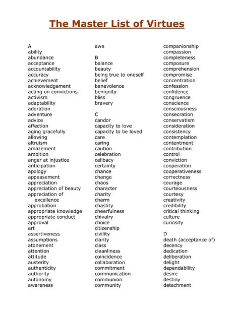 The Master List of Virtues and Vices - Belief Closet Master List, Powers List, Skills And Talents List, Character Virtues, Power Words, Powerful Words List, Good Virtues Co, The Virtues, List Of Values