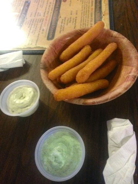 Eat Drink And Be Me: The hush puppies at Catfish Parlour in Austin, Texas are shaped like sticks.  I had never seen hush puppies like that before!  They're served with jalapeno tarter sauce and regular tarter sauce for dipping. Hush Puppies Recipe, Jalapeno Sauce, Peach Cobbler, Sea Food, Hush Puppies, In The Mood, Catfish, Fish And Seafood, Copycat Recipes