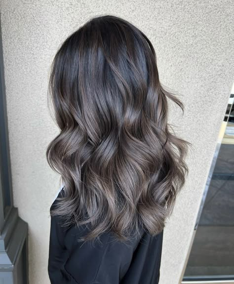 Ashy Brown Hair Fair Skin, Black Ashy Balayage, Icy Dark Brown Hair, Smokey Brunette Hair Balayage, Dark Brown Dimensional Hair Color, Cool Toned Balayage On Dark Hair, Dark Ash Brown Highlights, Dimensional Brunette Ashy, Ashy Black Hair Balayage