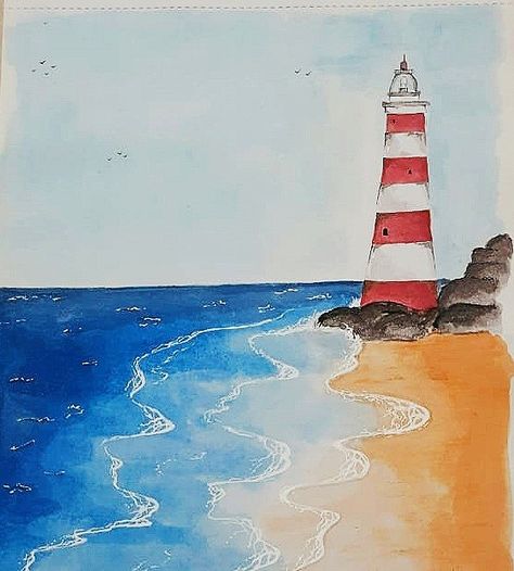 Sunset Beach Painting Acrylic Easy, Lighthouse Painting Easy, Lighthouse Aesthetic, Lighthouse Paintings, Coastal Creations, Watercolor Painting Easy, Beach Lighthouse, Free Draw, Poster Color Painting