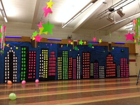 Glow In The Dark Dance Decorations, Elementary Glow Dance Party, School Disco Decorations, Black Light Dance Party, Spring School Dance Decorations, Neon Dance Decorations, Dance Decorations School, Neon Dance Theme, Glow Dance Decorations