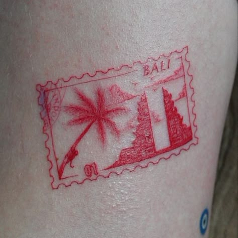 Bali Indonesia Tattoo Ideas, Bali Style Tattoo, Thailand Stamp Tattoo, Bali Inspired Tattoo, Red Stamp Tattoo, Postcard Stamp Tattoo, Red Fine Line Tattoo, Bali Tattoo Ideas, Indonesian Tattoo