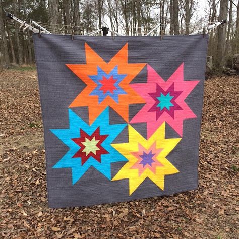 Exploding Stars Quilt Tutorial | This modern quilt uses layered stars to create its bright and bold design! Star Cluster Quilt, Astronomy Telescope, Block Quilts, Big Block Quilts, Stars Quilt, Jelly Roll Quilt Patterns, Block Quilt, Straight Line Quilting, Classic Quilts