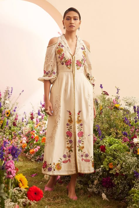 Shop for Chandrima Ivory Chanderi Floral Embroidered Cold Shoulder Dress for Women Online at Aza Fashions Pleats Fashion, Cowl Dress, Ivory Fabric, Dress Design Patterns, Applique Shirts, Embroidered Midi Dress, Ivory Dresses, Kurta Designs, Color Ivory