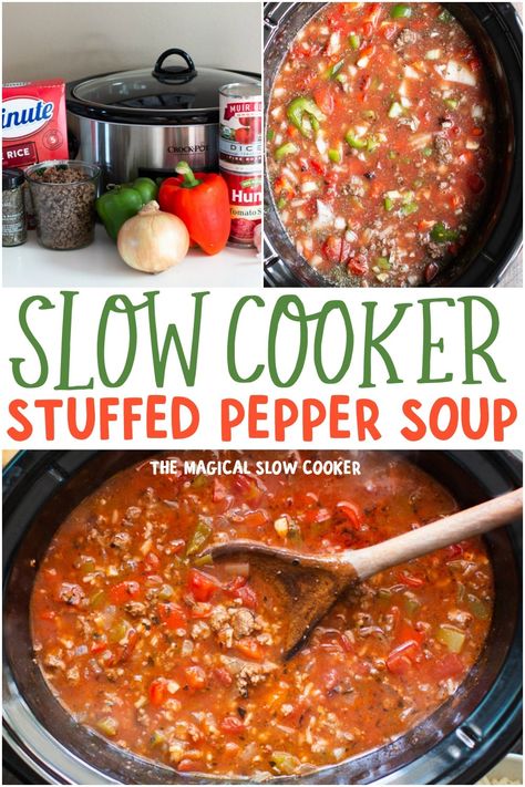 Love stuffed peppers? Try this stuffed pepper soup that is easily made in the slow cooker. Filled with bell peppers, tomatoes and beef, wonderful topped with cheese. - The Magical Slow Cooker Stuffed Pepper Soup Crockpot, Slow Cooker Stuffed Pepper Soup, Green Pepper Soup, Crockpot Stuffed Peppers, Slow Cooker Stuffed Peppers, The Magical Slow Cooker, Soup Maker, Stuffed Pepper, Pepper Soup