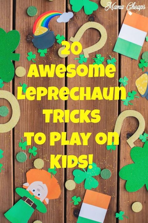 Play some fun leprechauns on the kids! Here is a big list of 20 fun leprechaun tricks to do on St. Patrick's Day! The tricks range from super simple to a little more complicated. Get lots of laughs when the kids discover the silly things that they leprechauns did! #leprechaun #stpatricksday #kids #leprechauntricks #mamacheaps Simple Leprechaun Tricks, Silly Leprechaun Tricks, St Patrick’s Day Leprechaun Ideas, St Patrick’s Day Pranks, St Patrick’s Day Leprechaun Mischief, Leprechaun Tricks Pranks, Leprechaun Visit Ideas Home, Leprechaun Mischief Ideas, Leprechaun Pranks