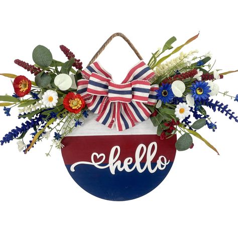 PRICES MAY VARY. ❤️Unique Design - Our Patriotic wooden sign takes wood grain as background, printed with white 3D "hello", embellished with a red white bule bow and artificial red flowers, with a hemp rope for hanging, very cute, working as beautiful decorations for outdoor and indoor party, attractive addition to your Independence Day decoration. ❤️Proper Size - The wooden sign is measuring about 30 x 30cm/12 x 12 inch, proper size for your front door, window, wall, etc. ❤️safe and odorless, n Indoor Party, Independence Day Decoration, Beautiful Decorations, July Wreath, Hello Sign, Fourth Of July Decor, White And Blue Flowers, Patriotic Wreath, Crafts To Make And Sell