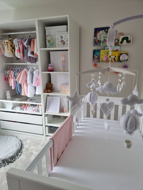 Pastel Nursery with Open Wardrobe with Book Shelve and Cot Mobile Nursery Open Wardrobe, Open Wardrobe Nursery, Open Wardrobe, Pastel Nursery, Cot Mobile, Baby Boy Room Nursery, Baby Boy Rooms, Boy Room, Baby Room