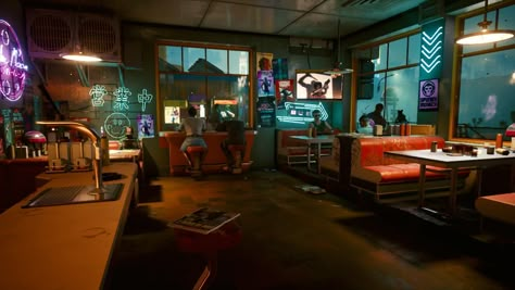 Dystopian Restaurant, Cyberpunk Restaurant Interior Design, Cyberpunk Bar Interior Design, Cyberpunk Restaurant, Cyberpunk Bar, Apocalypse Ideas, Futuristic Interiors, Cyberpunk Room, 90s Interior