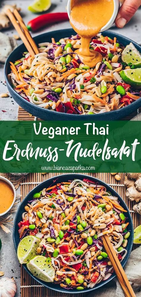 Dieses einfache Thai-Nudelsalat Rezept ist perfekt als gesunde Beilage oder leichte Mahlzeit aus frischem knackigen Gemüse, veganen Nudeln und proteinreichen Bohnen in einem würzigen, leicht scharfen Erdnuss-Dressing! Er ist glutenfrei und schmeckt auch Kindern sehr lecker! #nudeln #pasta #gemüse #veganerezepte #vegetarisch #vegan #essen #rezepte #salat #erdnuss #thai #nudelsalat #asiatisch #veganessen | biancazapatka.com Healthy Vegan Dinner, Vegetarian Sides, Vegetarian Side Dishes, Food Is Fuel, Food Diary, Delicious Salads, Going Vegan, Soul Food, Baby Food Recipes