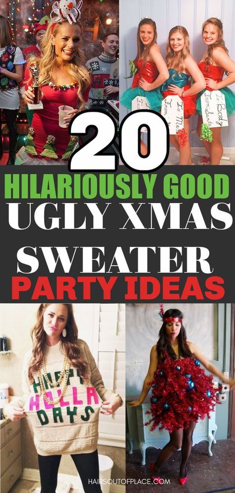 20 ugly Christmas sweaters and ugly Christmas party outfit and dresses ideas. Be the hit of your holiday party with these fun and festive DIY ugly Christmas party ideas. Group Christmas Dress Up Ideas, Ugly Christmas Shirts Diy, Christmas Song Outfit Ideas, Christmas Song Dress Up Ideas, Ugliest Christmas Sweater Ever Homemade, Christmas Light Outfit Ideas, Tshirt Exchange Party, Diy Ugly Christmas Sweater Ideas Funny Couples, Ugly Christmas Outfit Ideas