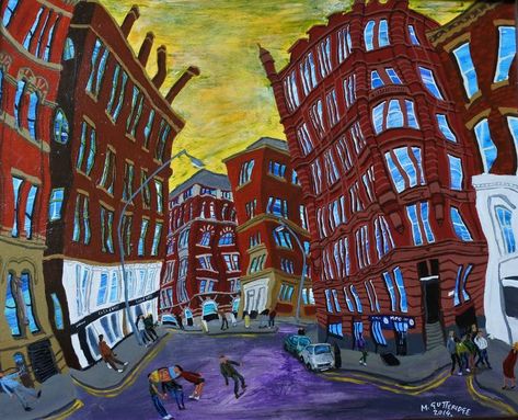 Original Art Acrylic/Ink/Wood Painting, measuring: 50W x 40H x 0.4D cm, by: Michael Gutteridge (United Kingdom). Styles: Surrealism, Expressionism, Modern. Subject: Cities. Keywords: Buildings, Red Brick, Warehouse, Manchester, Landscape, Brownstone, Street, Apartment Blocks, People, Figures, City Scene, Street Scene. This Acrylic/Ink/Wood Painting is one of a kind and once sold will no longer be available to purchase. Buy art at Saatchi Art. Street Painting, City Painting, Surrealism Painting, City Scene, City Landscape, Street Scenes, City Art, Art Stuff, Architecture Art