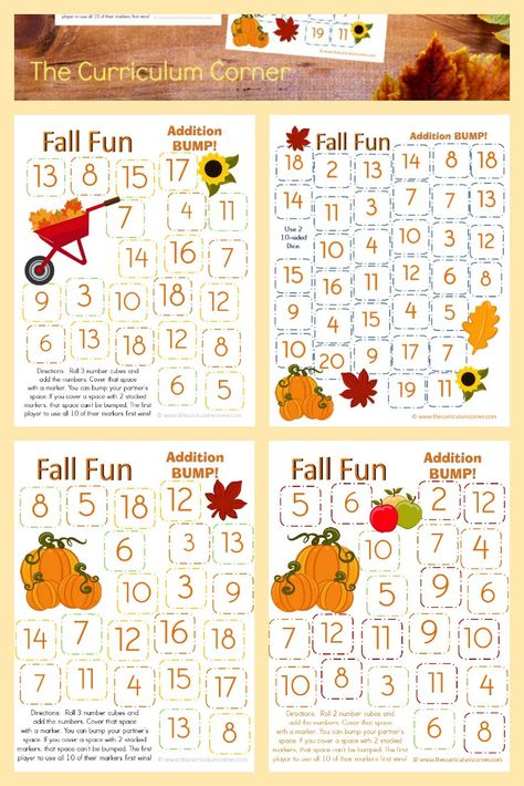 This set of free Fall Addition BUMP! Games have been created to help your students work on mastering their addition facts. from The Curriculum Corner via @TheCCorner Fall Math Games 2nd Grade, Addition Bump Game, Thanksgiving Subtraction, Thanksgiving Math Games, Fall Activities For Preschool, Thanksgiving Addition, Halloween Math Games, 1st Grade Math Games, November Math