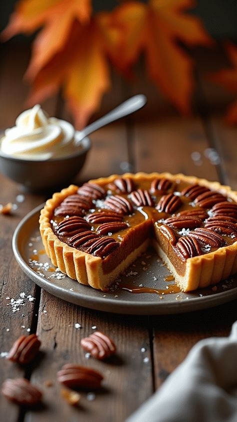 Caramel Pecan Tart with Spiced Cider Whipped Cream Pumpkin Caramel Tart, Caramel Pecan Tart, Thanksgiving Dessert Aesthetic, Caramel Pear Tart, Specialty Desserts, Fall Tarts Desserts, Thanksgiving Tart Recipes, Thanksgiving Tart, Fall Tart