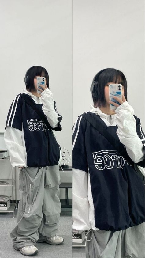 Tomboy Oversized Outfit, Tomboy Y2k Outfits, Y2k Boyish Outfits, Baggy Asian Fashion, Asian Oversized Fashion, Oversized Y2k Outfit, Baggy Layered Outfits, Y2k Tomboy Outfits, Aesthetic Outfits Tomboy