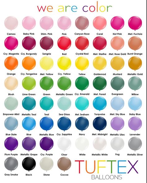 Nekita on Instagram: “Tuftex Balloons Colors🎈 Tag and share with a friend. 👭🏾 @tuftexballoons #colors #ballooncolors #balloonsbouquets #tuftexballoons…” Tuftex Balloon Color Chart, Tuftex Balloon Colors, Balloon Color Combinations, Tuftex Balloons, Gender Reveal Diy, Purple Bridal Shower, Qualatex Balloons, Rainbow Diy, Star Birthday