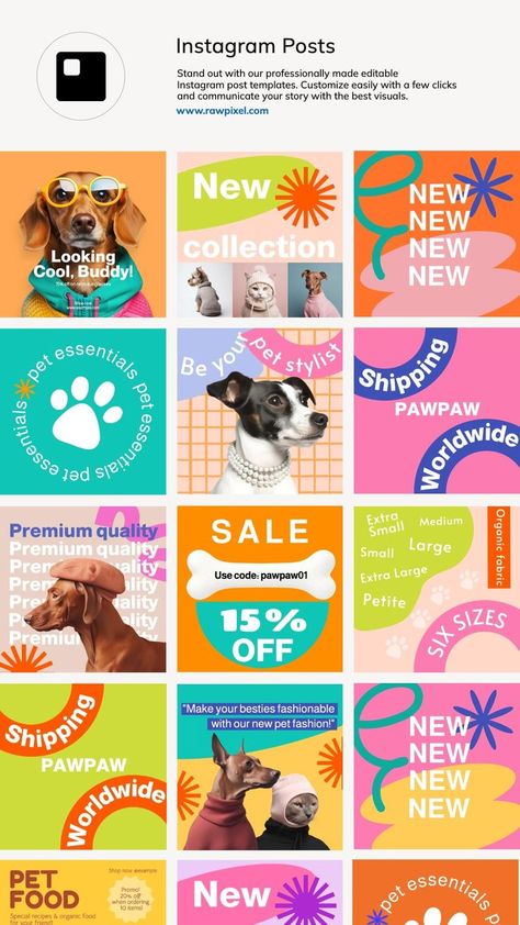 Cute social media templates that will bring the fun to your pet store promotions. Edit and download now at rawpixel.com. Vet Instagram Feed, Colorful Social Media Design, Dog Content Ideas, Pet Store Branding, Pet Social Media, Instagram Story Promotion, Pet Instagram, Dog Marketing, Pet Brand