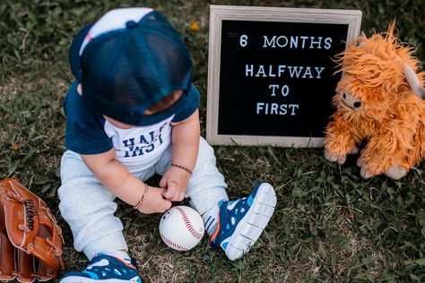 Halfway to first. Onsies sold by amazon. Halfway To First Photoshoot, Half Way To First, Halfway To One, Halfway To First Baby Photoshoot, Halfway To One Baseball, Half Way To One Photoshoot Boy, Half Way To One Mickey Mouse Photoshoot, Halfway To One Photoshoot Baseball, 6 Month Photos