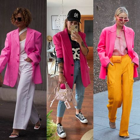 Blazer Street Style 2023, Pink Blazer Street Style, Fuschia Blazer Outfit, Blazer Outfit Street Style, Graphic Tee Street Style, Blazer Outfits Street Style, Graphic Tees Street Style, Street Style 2023, Blazer Street Style