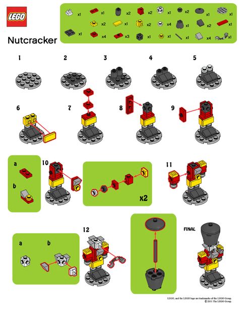 LegoMyMamma: LEGO Nutcracker building instructions Lego Christmas Mini Builds, Lego Mini Builds Instructions, Lego Gnome, Lego Instructions Step By Step, Lego Nutcracker, Lego Mini Builds, Lego Directions, Lego Patterns, Lego Christmas Ornaments