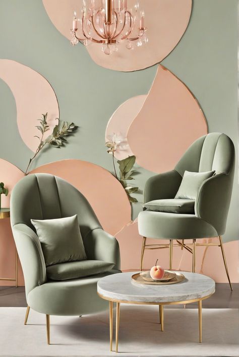 How To Take Center Stage: Eye-Popping Elegance with Sage Green and Peach Chairs [2024] #Ad #homedecor #homedesign #fixhome #Painthome #interiorarchitecture Peach And Green Living Room, Sage Green And Peach, Bridal Shop Interior, Coral Living Rooms, Peach Rooms, Korean Home Decor, Japanese Spa, Pista Green Colour, Home Wall Colour