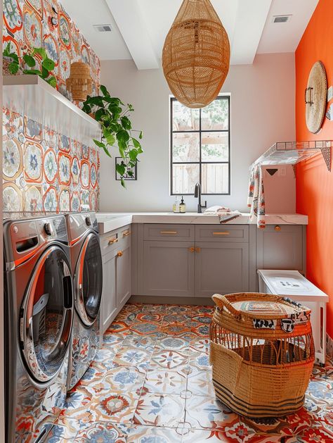 11 Boho-Inspired Laundry Room Design Concepts Spanish Laundry Room Ideas, Orange Laundry Room Ideas, Utility Room Colour Ideas, Bright Laundry Room Ideas, Boho Laundry Room Ideas, Orange Laundry Room, Colorful Laundry Room Ideas, Fun Laundry Room Ideas, Eclectic Laundry Room