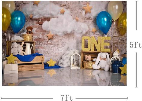 Amazon.com: MEHOFOTO Blue and Gold Boy One Birthday Photo Studio Portrait Backdrop Props Balloons Cloud Stars Retro Wall Happy 1st Birthday Party Decorations Photography Background Banner 7x5ft : Everything Else 1st Birthday Background, Backdrop Balloons, Portrait Backdrop, Golden Birthday Parties, Gold First Birthday, Balloon Clouds, 1st Birthday Cake Smash, 1st Birthday Party Decorations, Backdrop Props