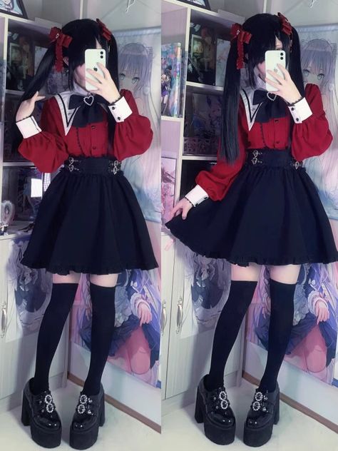 Red Jirai Kei, Yami Kawaii Outfit Ideas, Jirai Kei Outfit Ideas, Dark Kawaii Aesthetic, Jirai Kei Fashion, Yami Kawaii Outfit, Yami Kawaii Fashion, Bowknot Blouse, Girly Kei