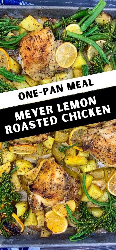 Sheet pan dinners make weeknight dinners a breeze. This Meyer Lemon Sheet Pan Roasted Chicken is no exception. | One-Pan Dinner | Quick and Easy | grainfreetable.com Pan Meals Sheet Healthy, Chicken Thigh Sheet Pan Dinner, Sheet Pan Roasted Chicken, One Pan Dinners, Dinner Quick And Easy, Pan Roasted Chicken, Lemon Roasted Chicken, Sheet Pan Meals Chicken, Dinner Quick