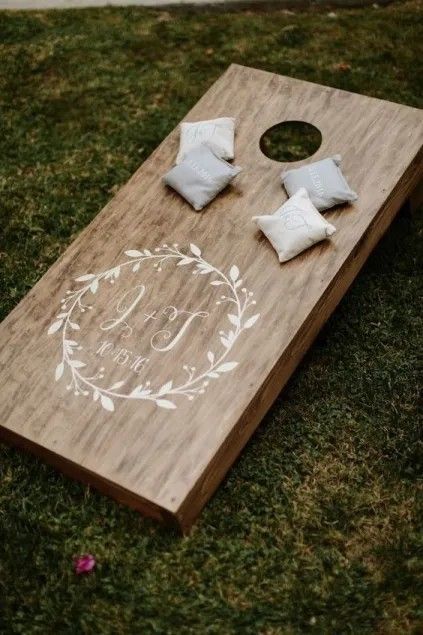 Wedding Games Cornhole, Corn Hole At Wedding, Corn Hole Wedding Game, Wedding Ideas Games Activities, Big Yard Games, Cornhole At Wedding Reception, Garden Games For Wedding, Farm Wedding Games, Giant Wedding Games