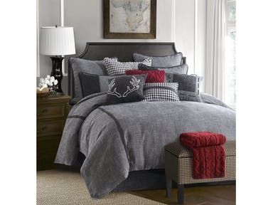 Bedroom Hamilton Creek Bedding Collection Classic grey tweed fabric mixed with a pop of red really bring drama to this bedding collection. Bedding Embroidery, Rustic Bedding Sets, Chic Bedding Sets, Lodge Bedding, Grey Comforter Sets, Grey Comforter, Chic Bedding, Full Bedding Sets, Bedding Sets Online