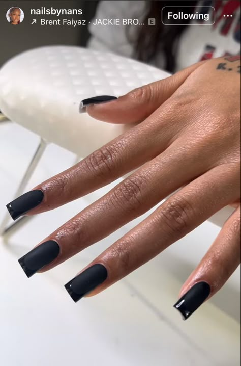 Black Nails Medium, Matte Black Nails French Tip, All Black Acrylic Nails Square, Black Crome Nails Square, Black Medium Square Nails, Medium Black Acrylic Nails, Black French Tip Nails Matte, Medium Square Acrylic Nails Black, Short Matte Black Nails