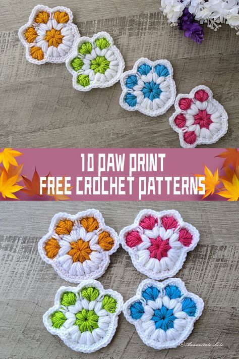 10 Paw Print Crochet Patterns - FREE - iGOODideas.com Paw Crochet, Grey Blanket, Crochet Bandana, Crochet Coaster Pattern, Crochet Things, Afghan Crochet, Crochet Stitches For Beginners, Crochet Cushions, Granny Square Crochet Pattern