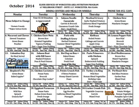 October Menu for Meals on Wheels and Dining Centers www.eswa.org Nursing Home Menu Ideas, Meals For Seniors, Meatloaf With Gravy, Senior Meals, Salmon Noodles, Carrots And Green Beans, Food For Family, Meals On Wheels, Dining Menu